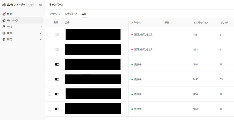 ChatGPT広告の広告出稿状況が確認できる画面